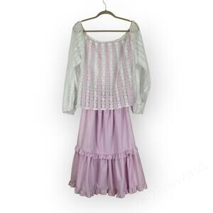 Vintage 70s NR1 NedGould Ribbon Lace Peasant Top & Ruffle Midi Skirt Lavender